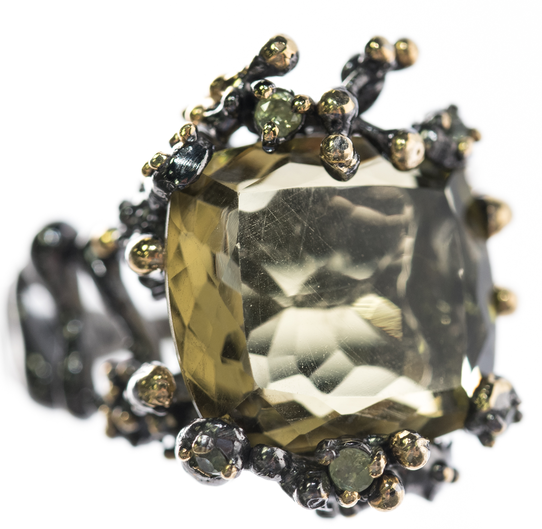 Oxidized Sterling Silver, 8.74 CT Green Quartz, and Peridot Ring