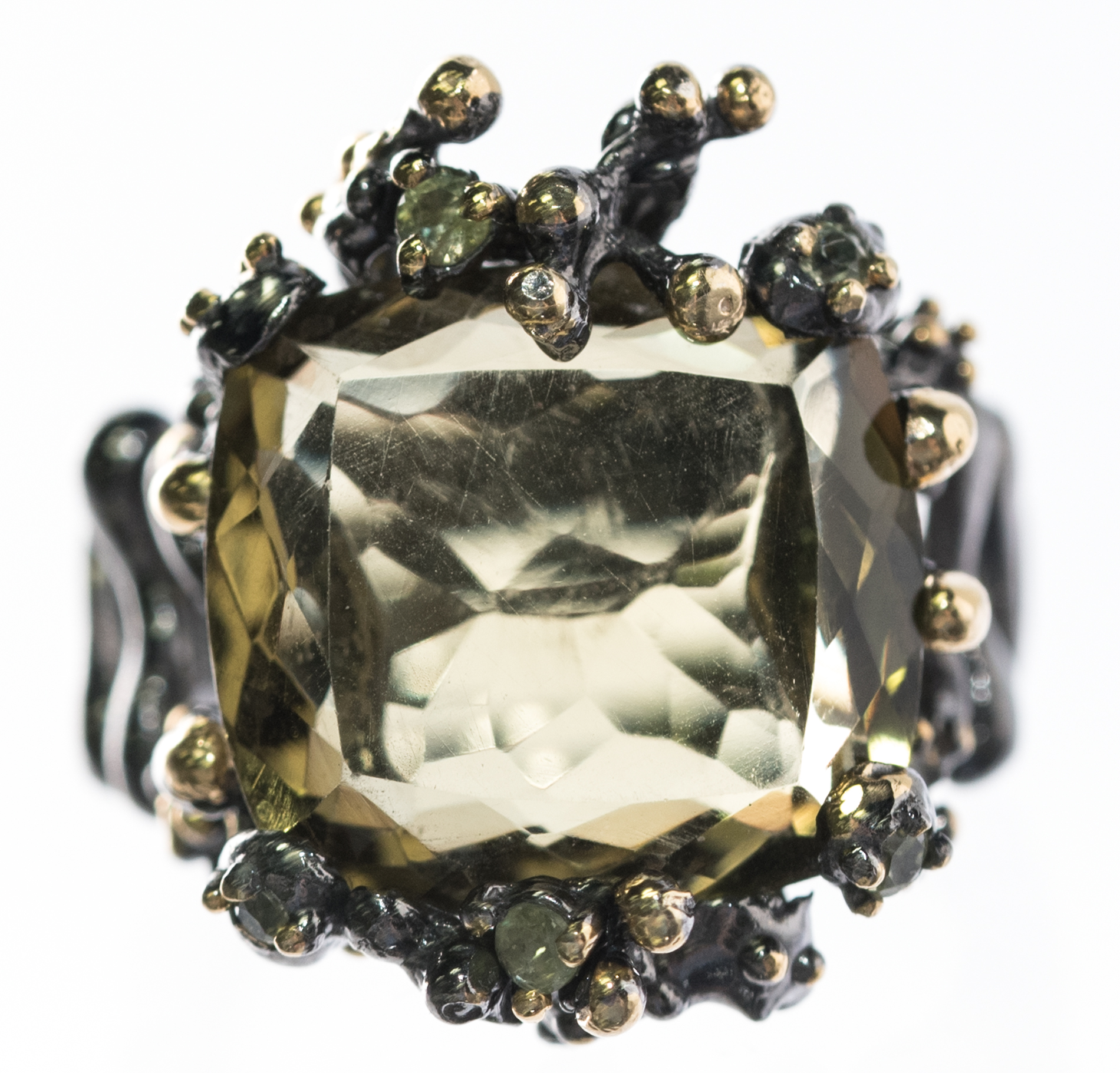 Oxidized Sterling Silver, 8.74 CT Green Quartz, and Peridot Ring
