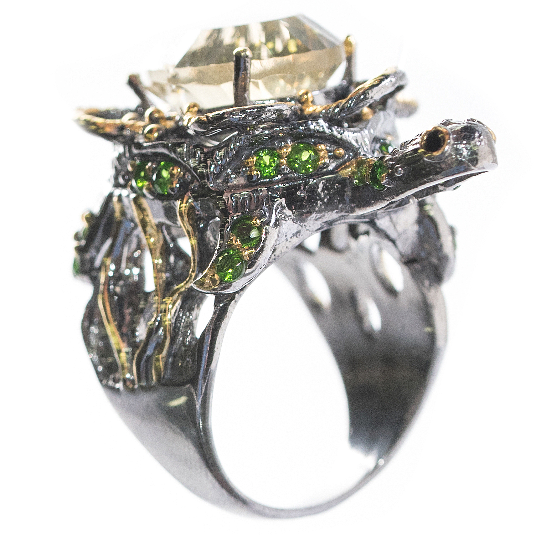 Oxidized Sterling Silver, 7.80 CT Quartz, Peridot, and Black Spinel Turtle Ring