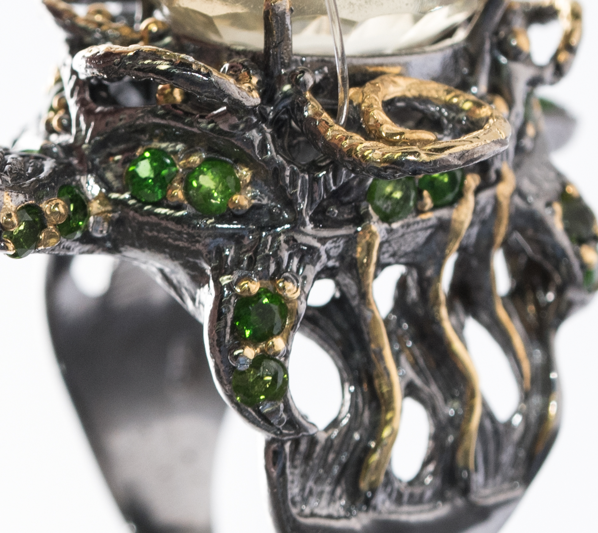 Oxidized Sterling Silver, 7.80 CT Quartz, Peridot, and Black Spinel Turtle Ring