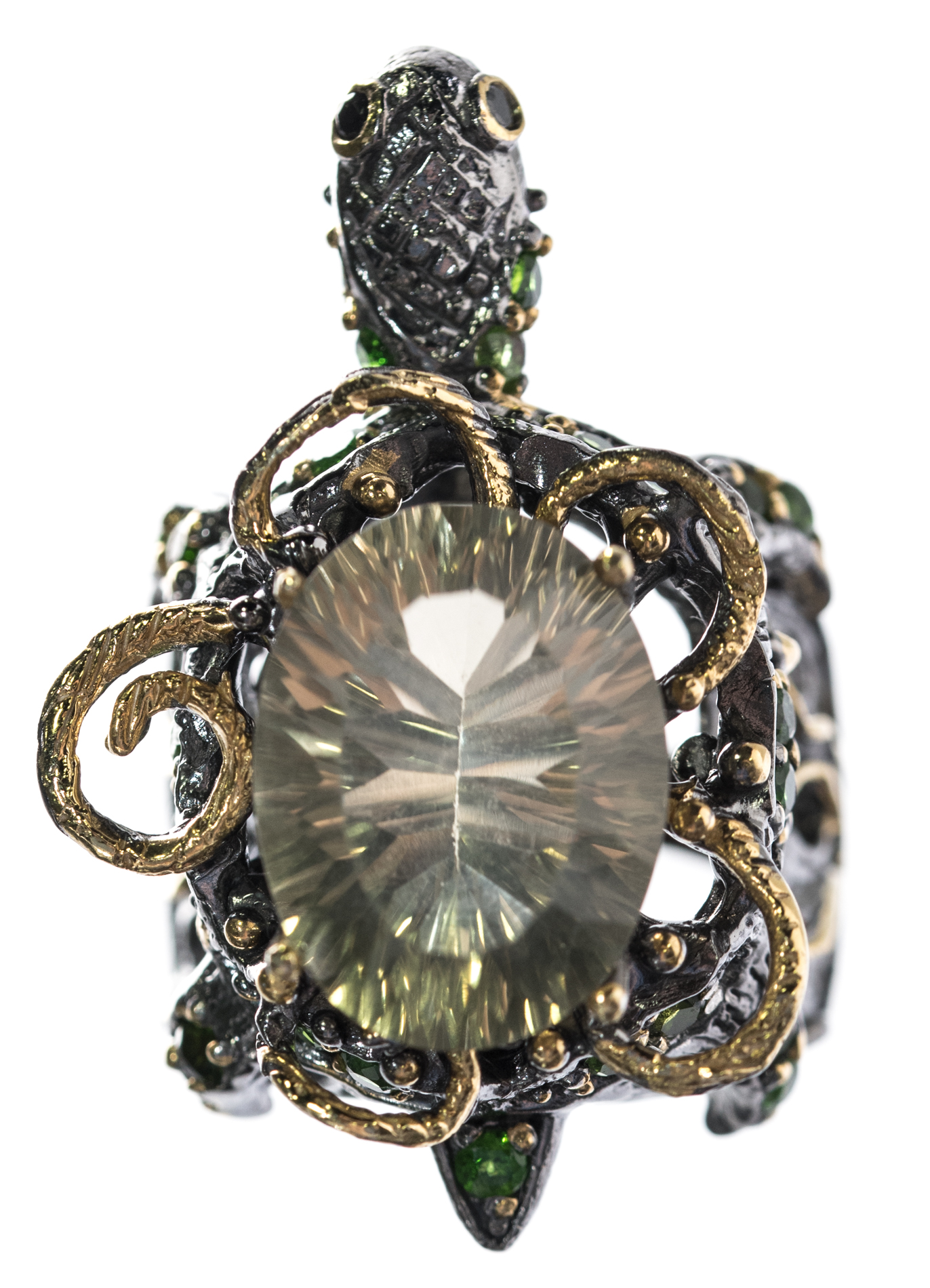 Oxidized Sterling Silver, 7.80 CT Quartz, Peridot, and Black Spinel Turtle Ring