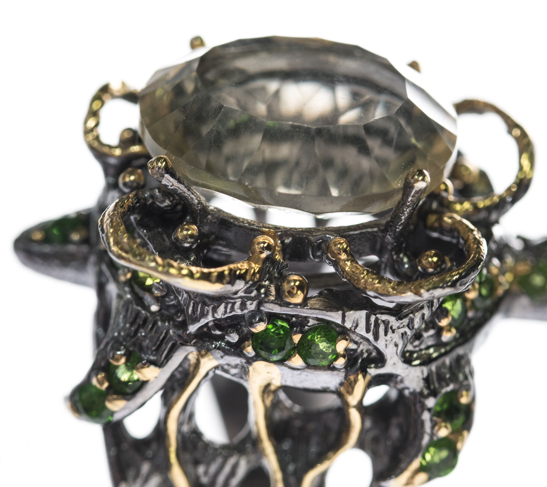 Oxidized Sterling Silver, 7.80 CT Quartz, Peridot, and Black Spinel Turtle Ring