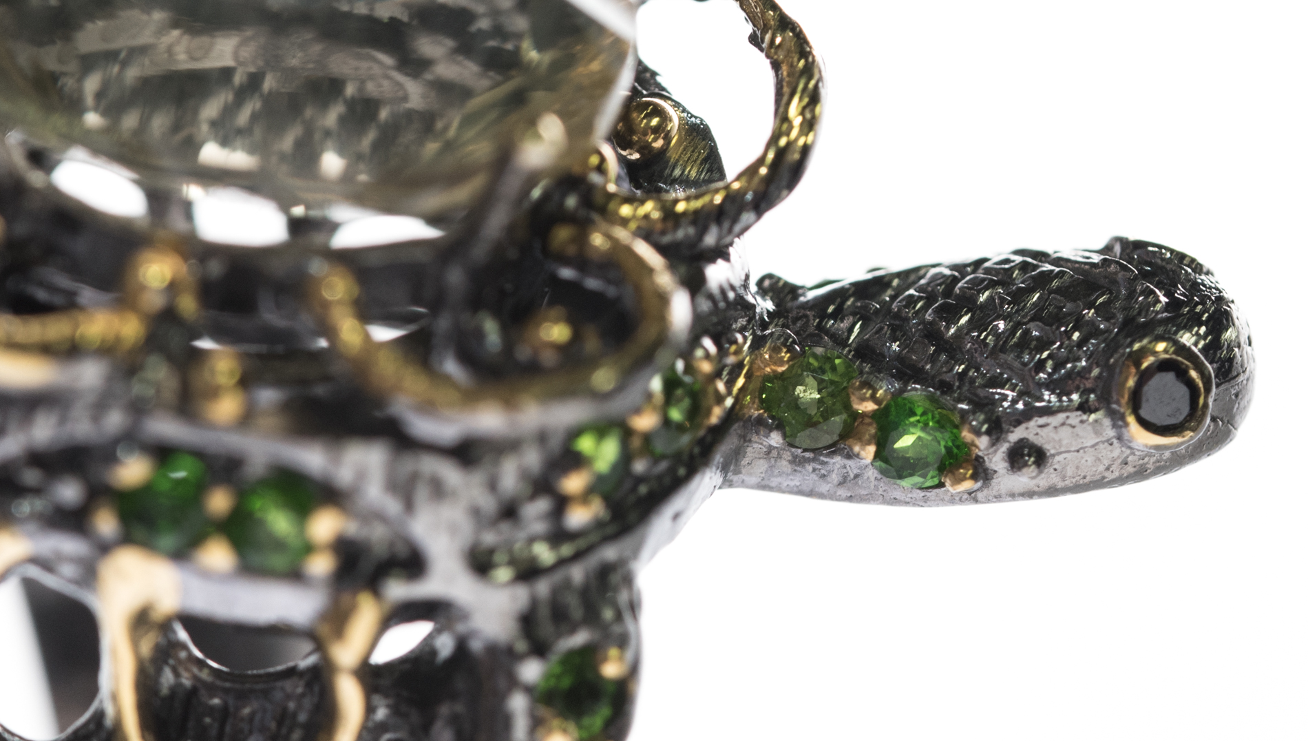 Oxidized Sterling Silver, 7.80 CT Quartz, Peridot, and Black Spinel Turtle Ring