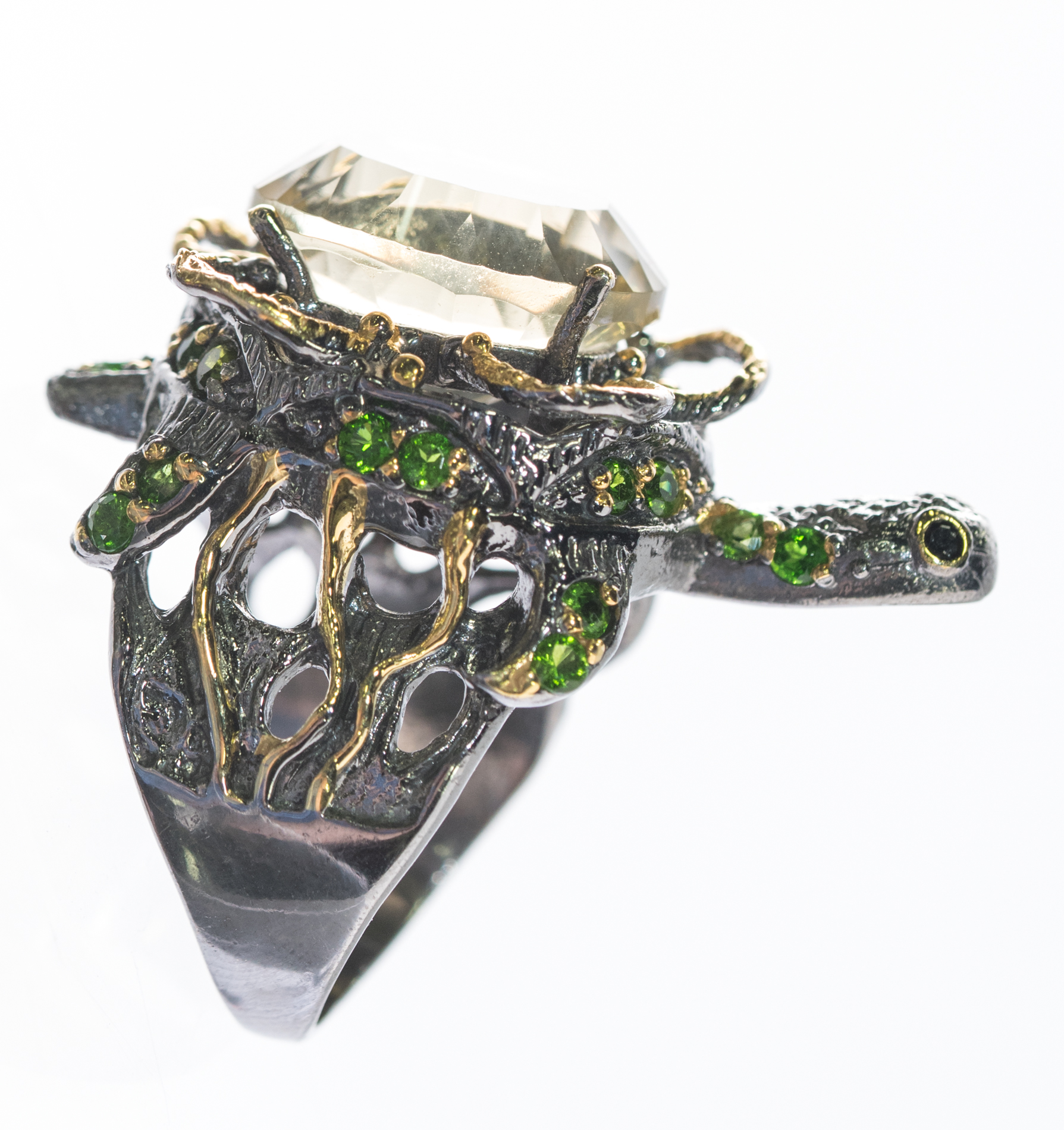 Oxidized Sterling Silver, 7.80 CT Quartz, Peridot, and Black Spinel Turtle Ring