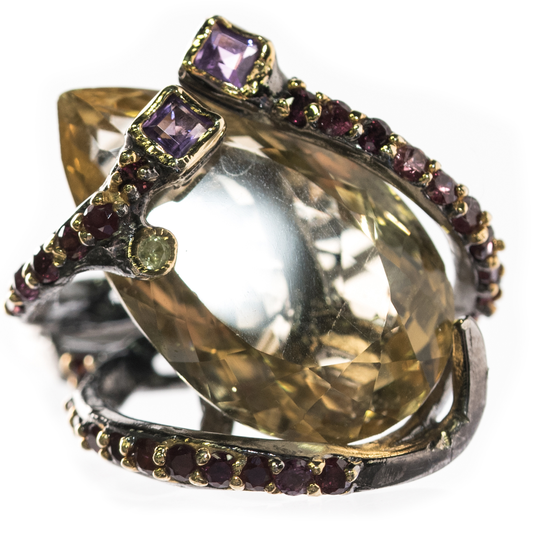 Oxidized Sterling Silver, 21.36 CT Citrine, and Multi-Gemstone Overlapping Ring