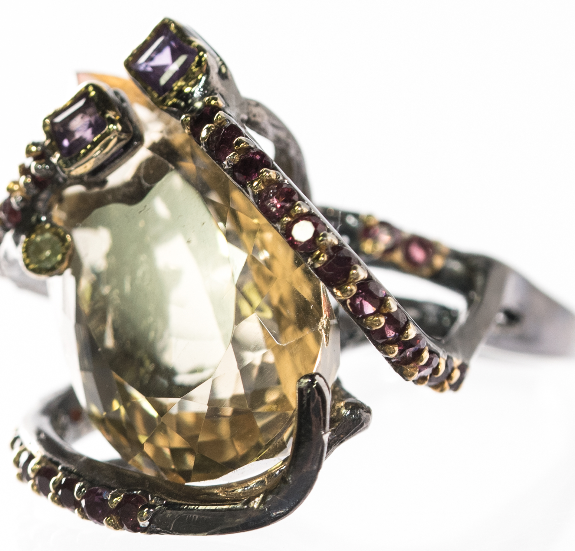 Oxidized Sterling Silver, 21.36 CT Citrine, and Multi-Gemstone Overlapping Ring