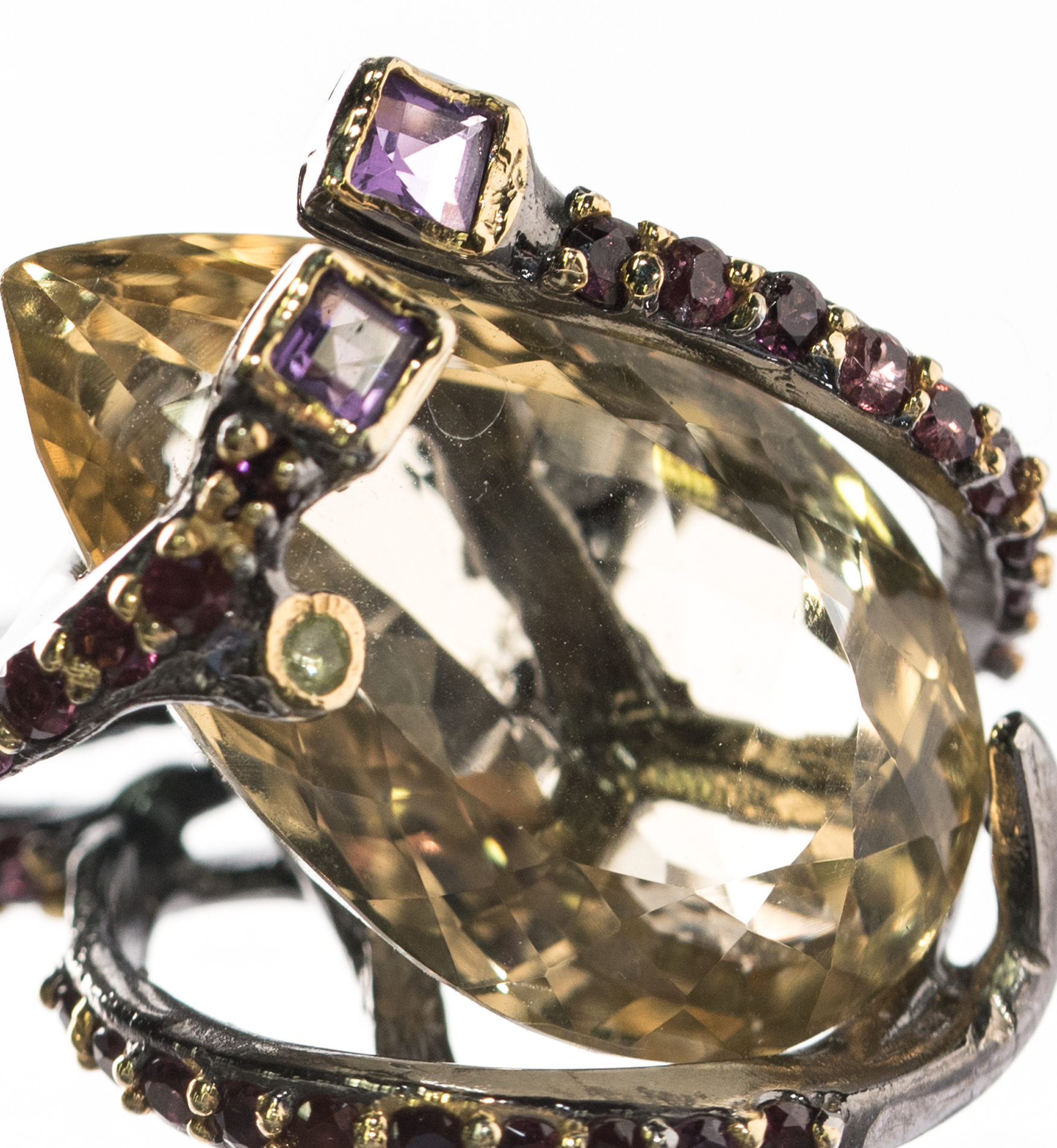 Oxidized Sterling Silver, 21.36 CT Citrine, and Multi-Gemstone Overlapping Ring
