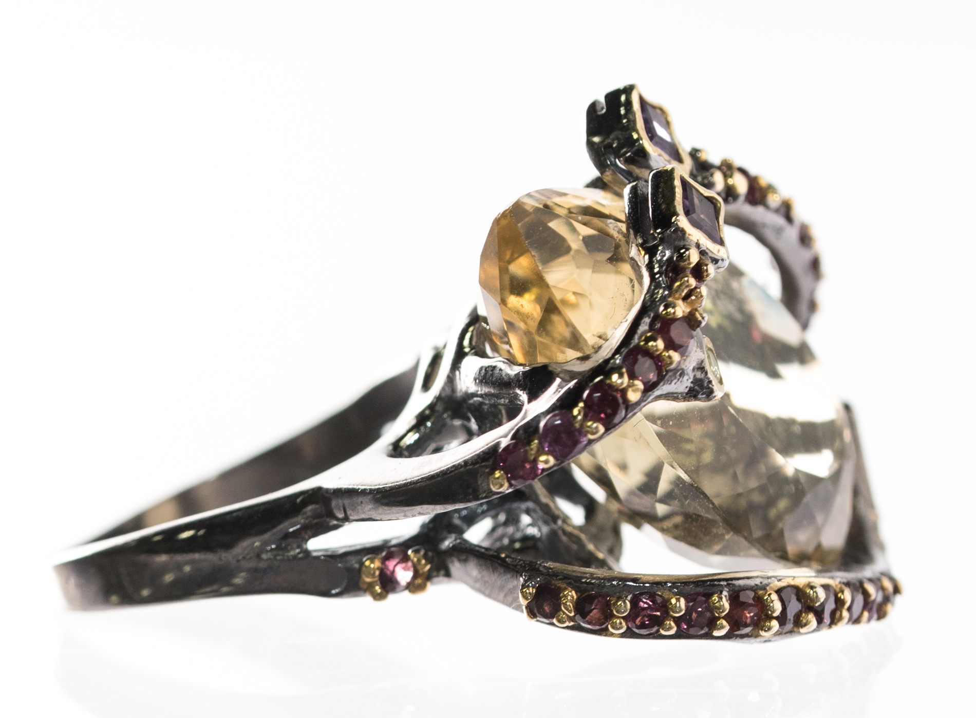 Oxidized Sterling Silver, 21.36 CT Citrine, and Multi-Gemstone Overlapping Ring