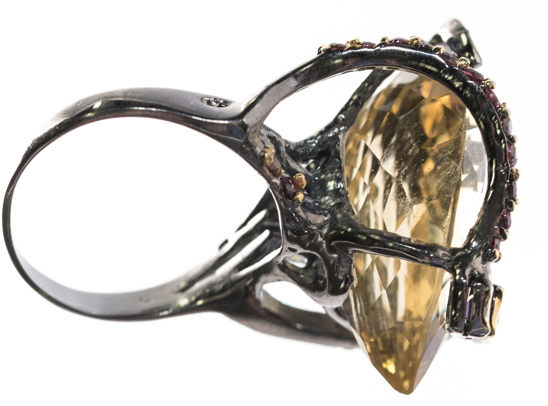 Oxidized Sterling Silver, 21.36 CT Citrine, and Multi-Gemstone Overlapping Ring