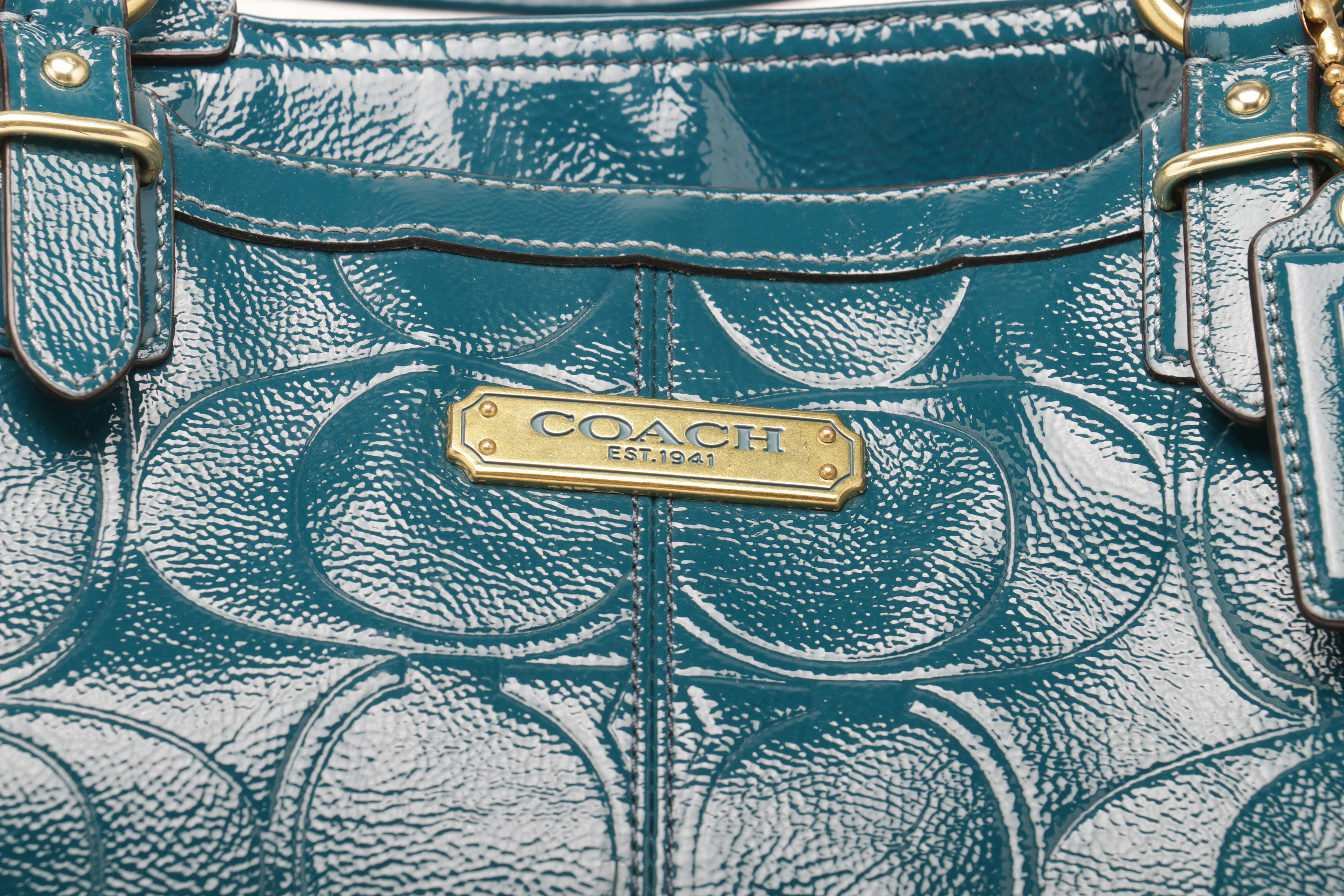 Coach Embossed Teal Patent Leather Tote