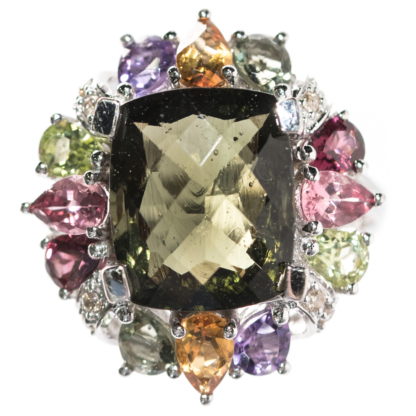 14K White Gold, Green Glass, Diamond, and Multi-Gemstone Ring