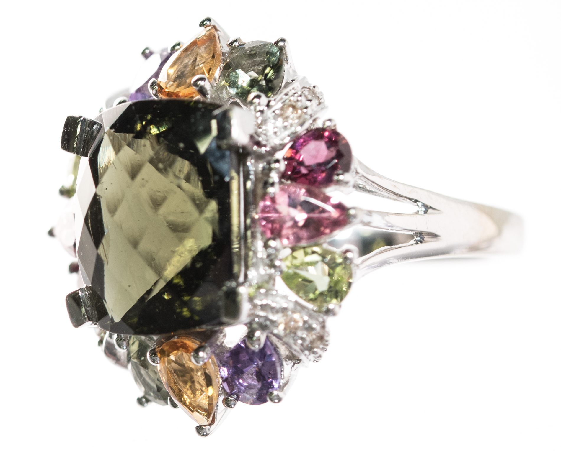 14K White Gold, Green Glass, Diamond, and Multi-Gemstone Ring