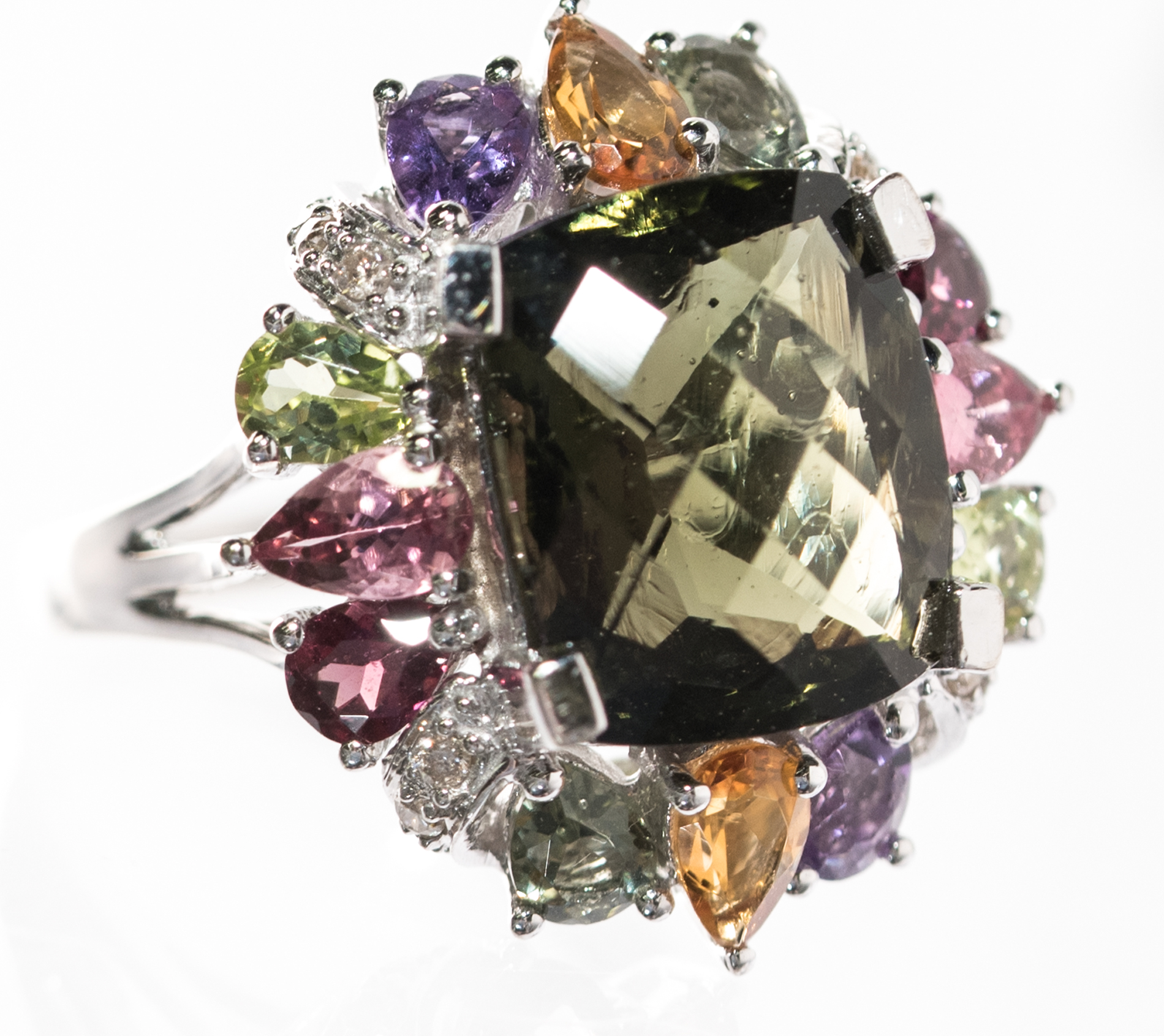 14K White Gold, Green Glass, Diamond, and Multi-Gemstone Ring