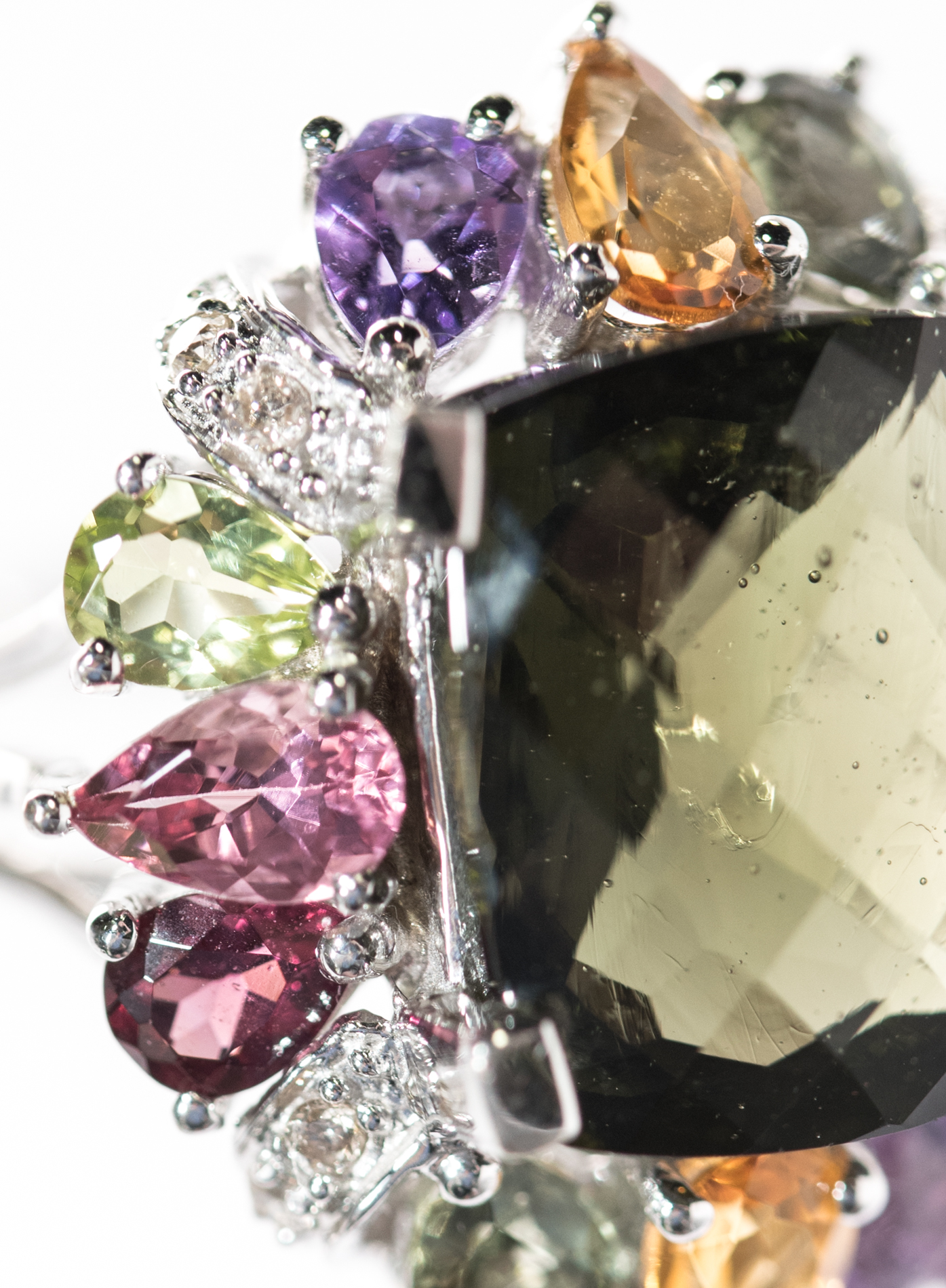 14K White Gold, Green Glass, Diamond, and Multi-Gemstone Ring