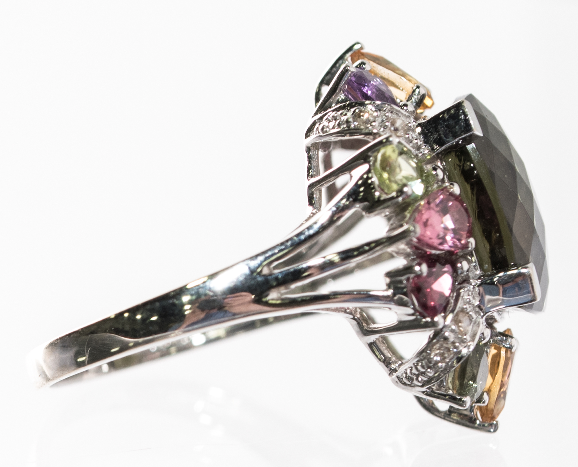 14K White Gold, Green Glass, Diamond, and Multi-Gemstone Ring