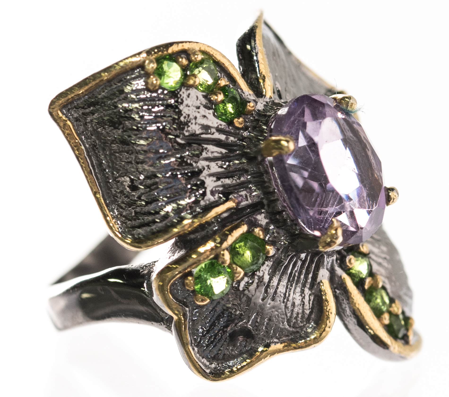 Sterling Silver, 2.60 CT Amethyst, and Peridot Oversized Flower Ring