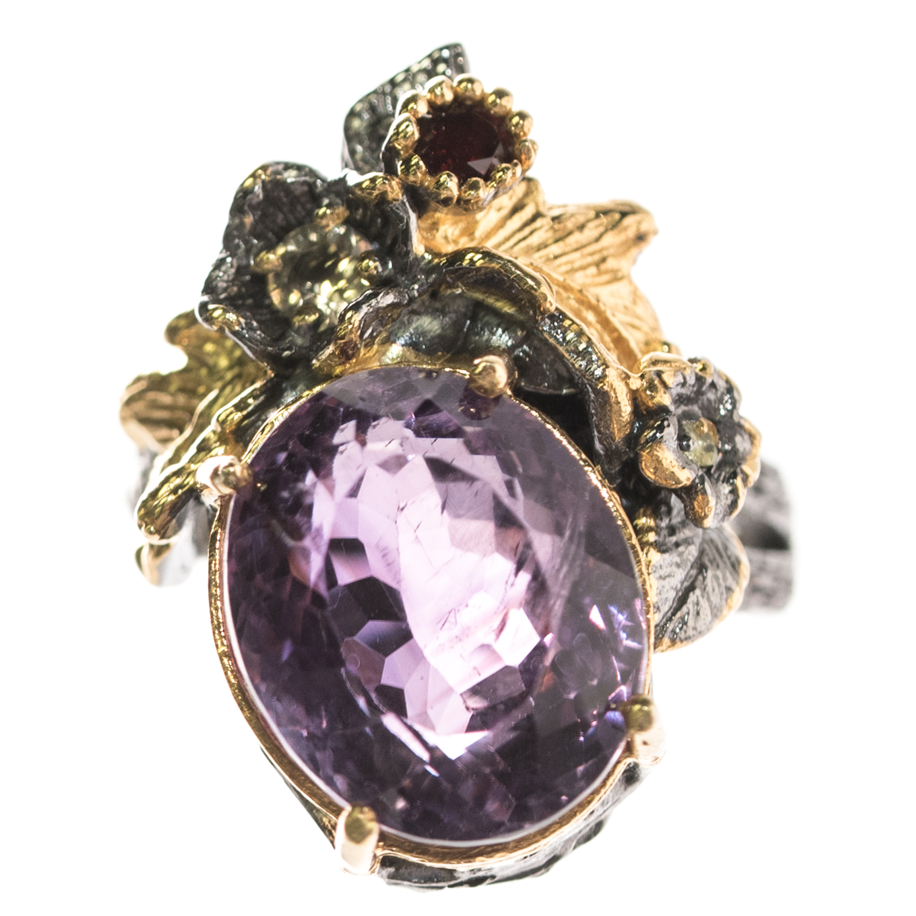 Sterling Silver, 11.35 CT Amethyst, Garnet, and Quartz Ring
