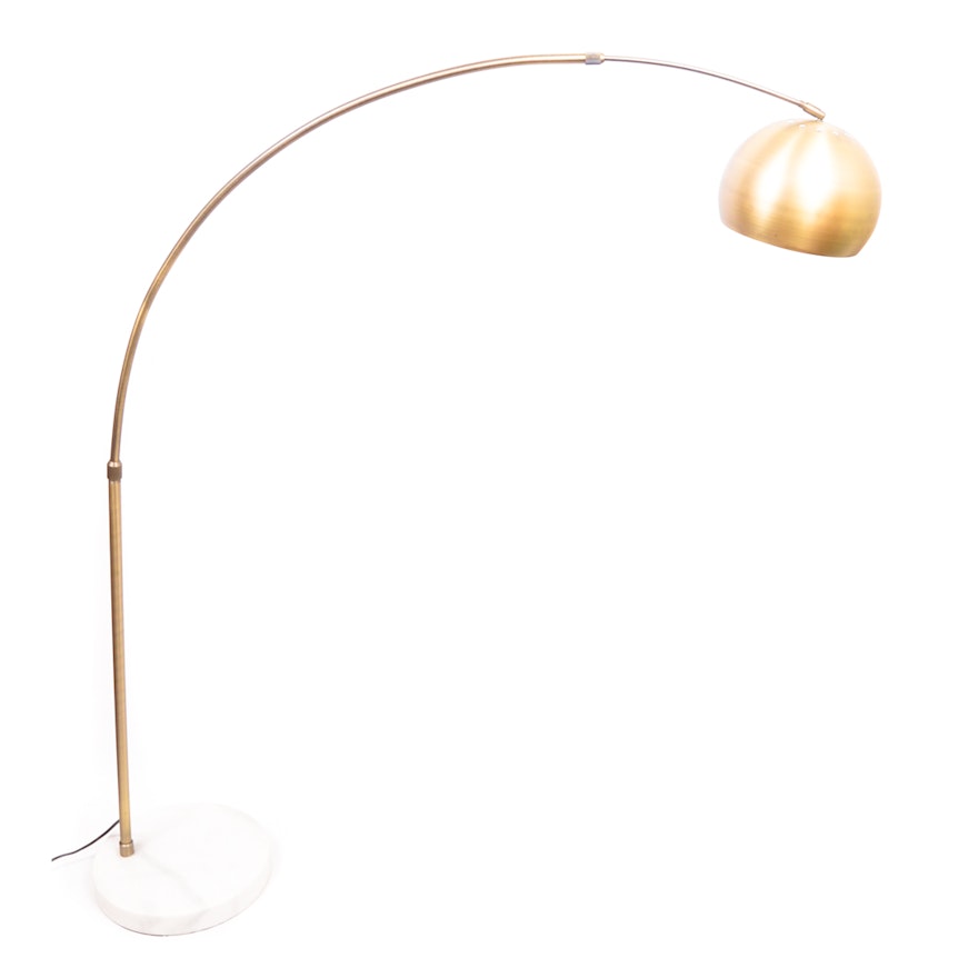 Mid-Century Style Gold Tone Arc Floor Lamp with Marble Base
