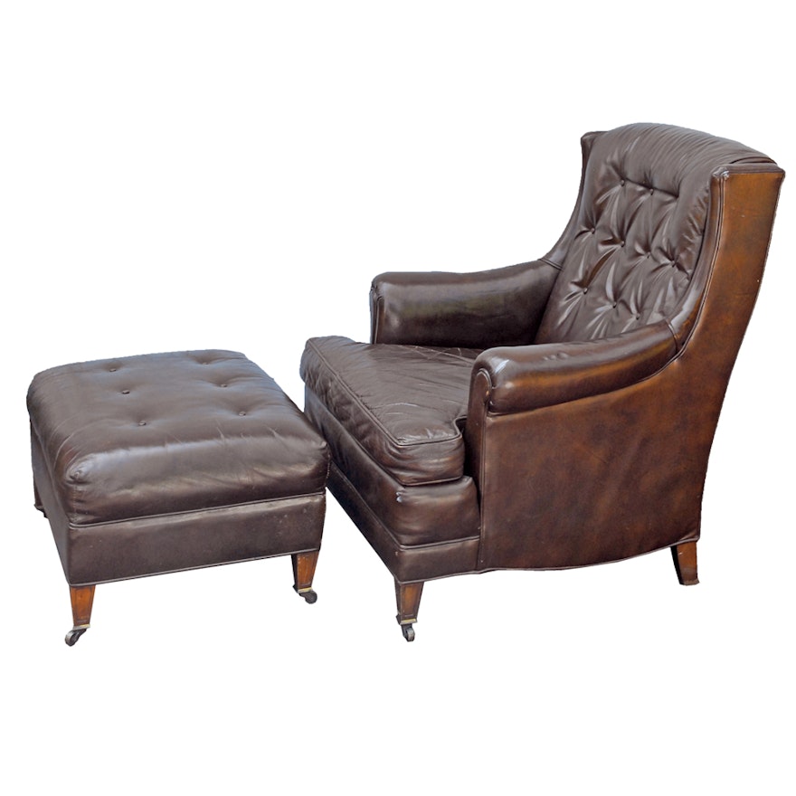 Vintage Brown Leather Armchair and Ottoman by Henredon