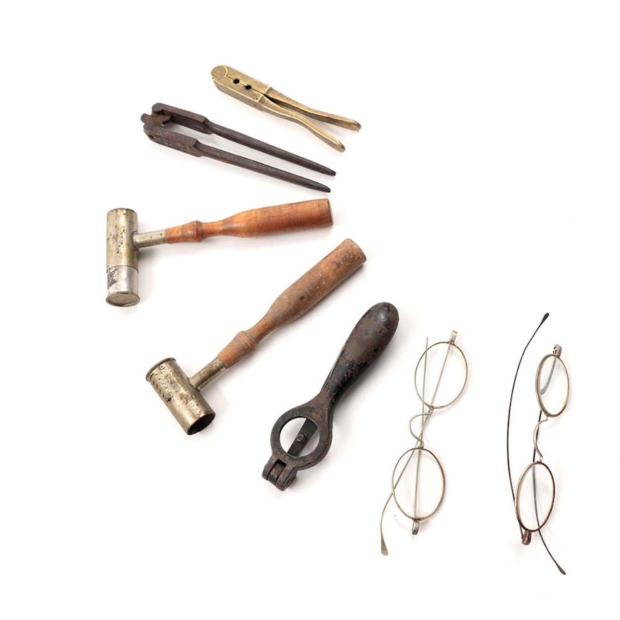 Antique UH Co Powder Drams, Assorted Tools and Wire Spectacles