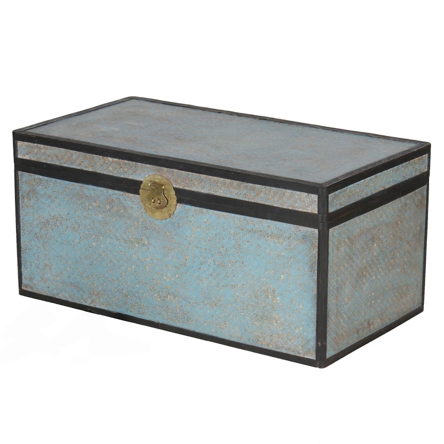 Vintage Chinese Rattan Blue-Painted Trunk