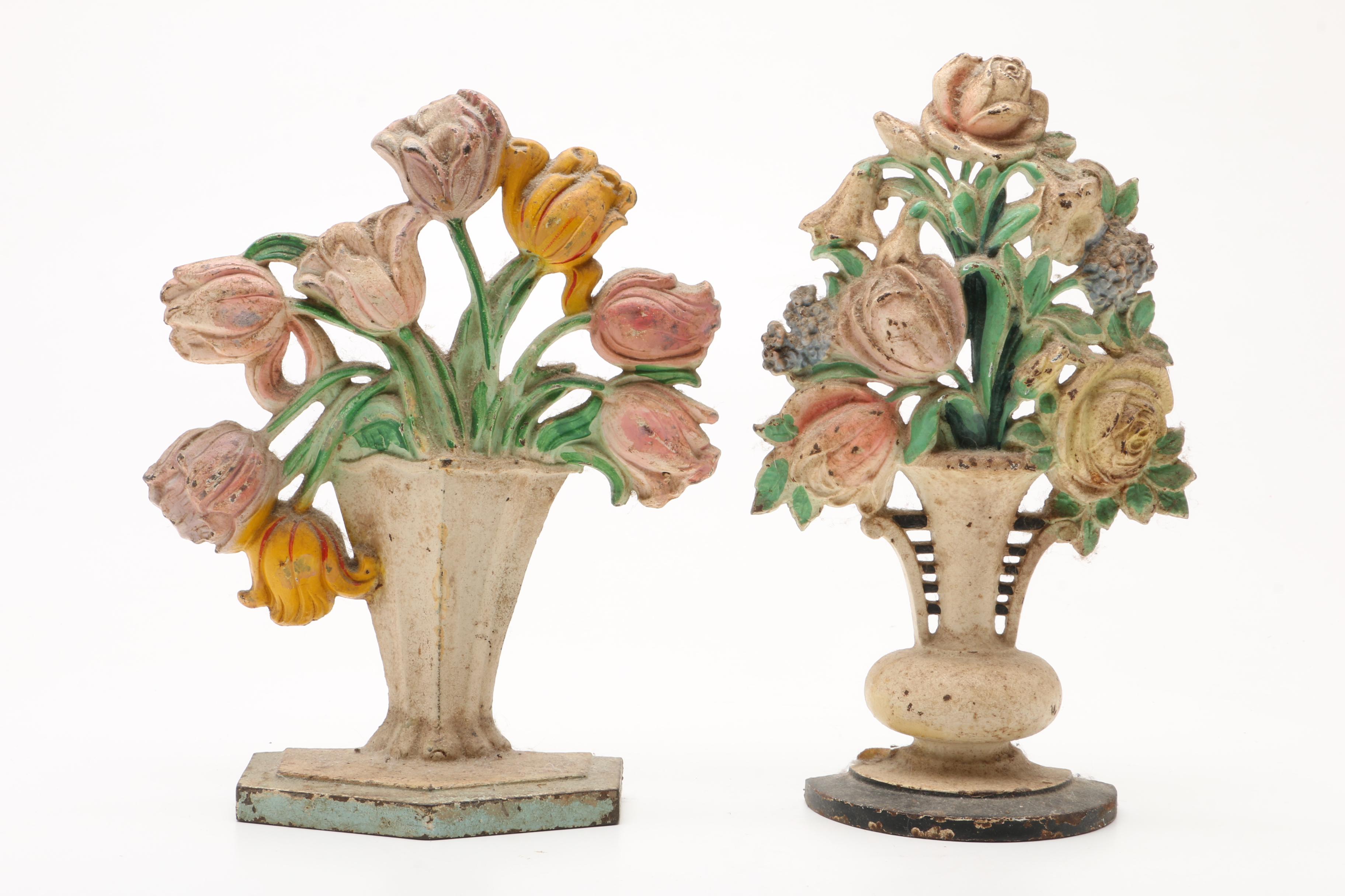 Vintage Cast Iron Tulips and Roses Doorstops Including Hubley