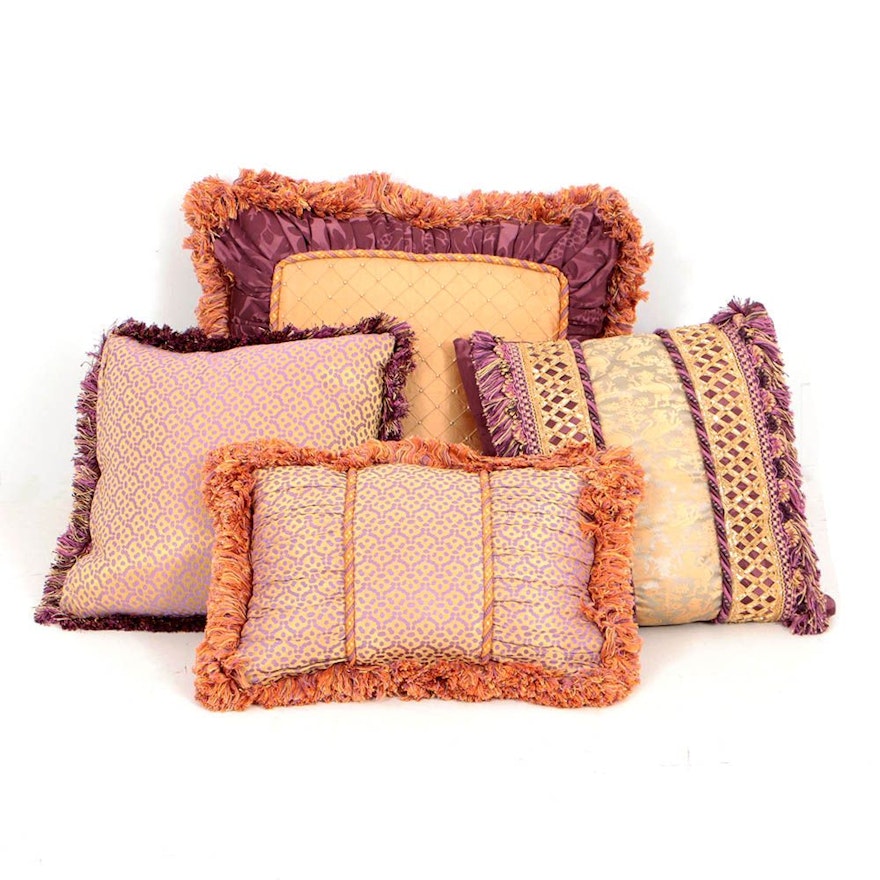 Lilac and Gold Tone Accent Pillows with Fringe Trim