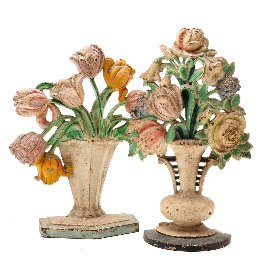 Vintage Cast Iron Tulips and Roses Doorstops Including Hubley