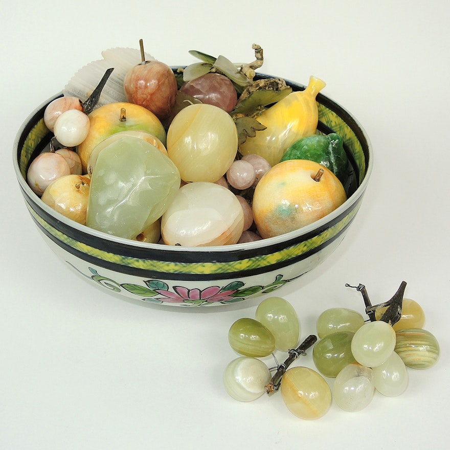 Mexican Carved Onyx Fruit with Hand Painted Bowl