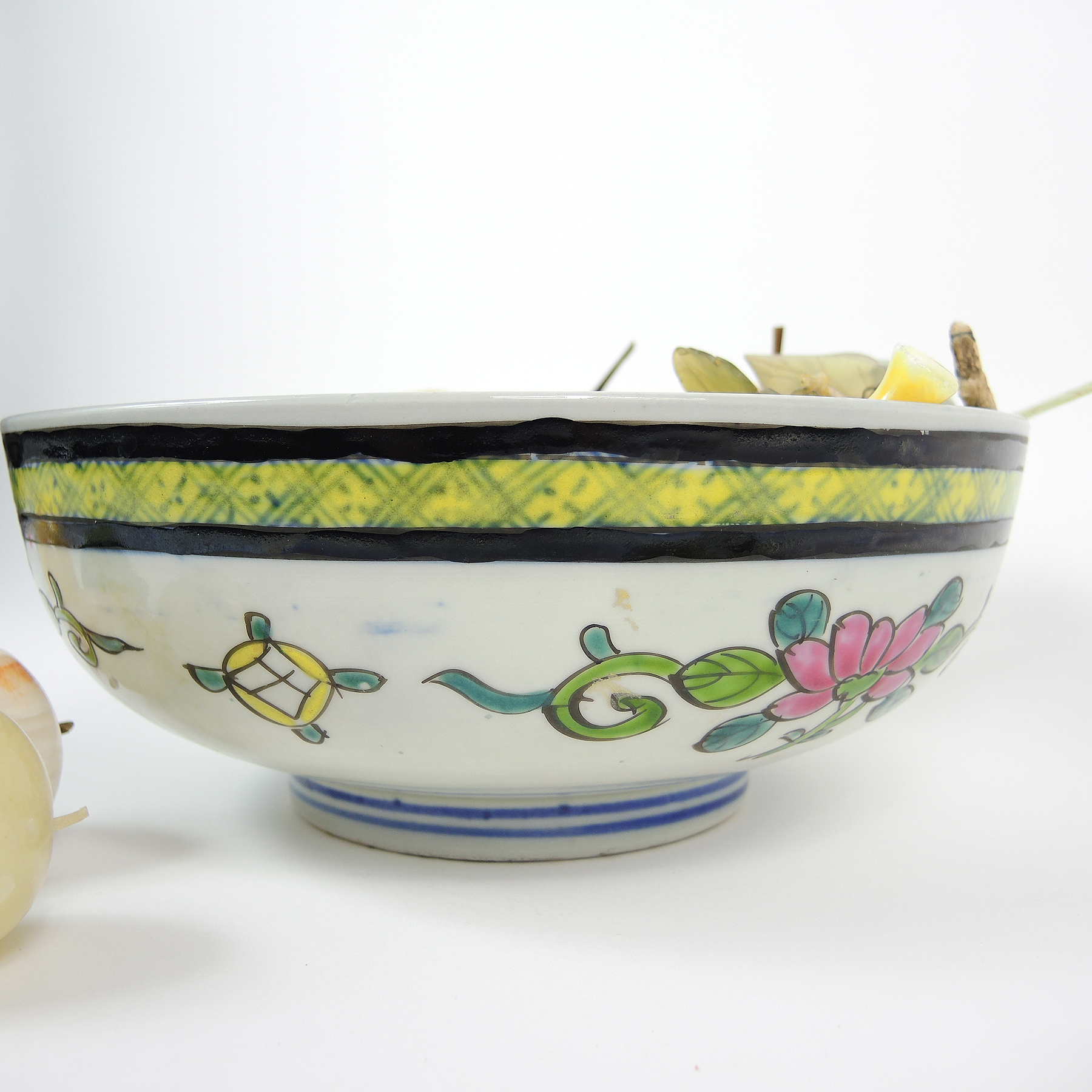 Mexican Carved Onyx Fruit with Hand Painted Bowl