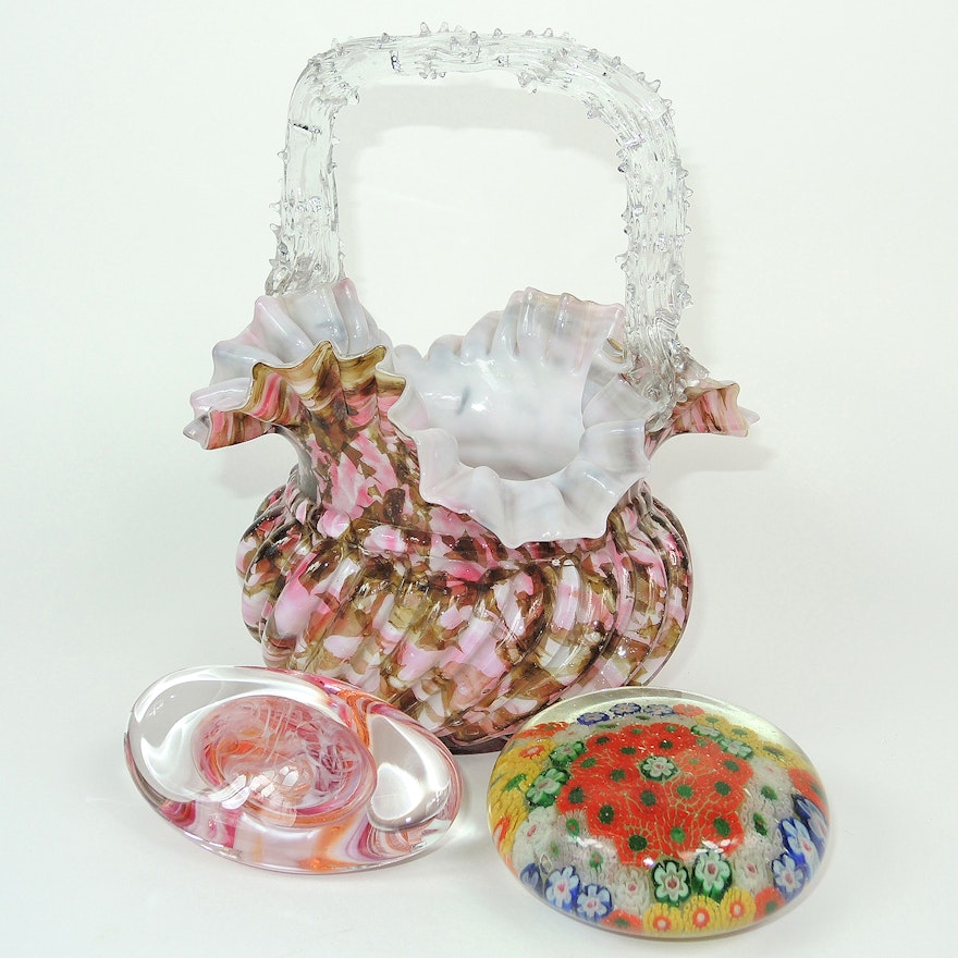 Blown Glass Ruffle Basket and Paperweights