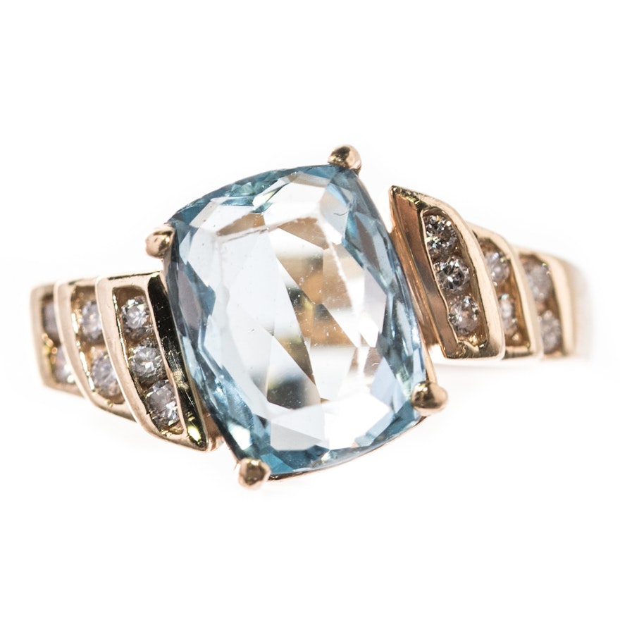 14K Yellow Gold, 2.62 CT Aquamarine and Diamond Ring