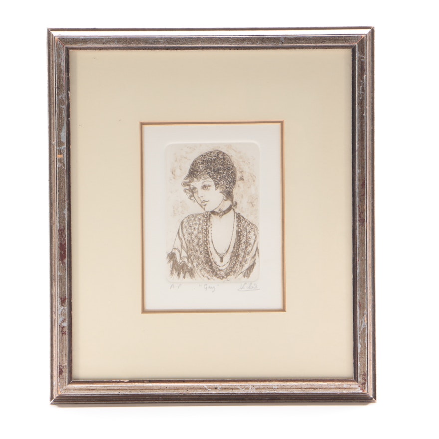 Mary Vickers Signed Artist's Proof Embellished Etching on Paper "Gay"