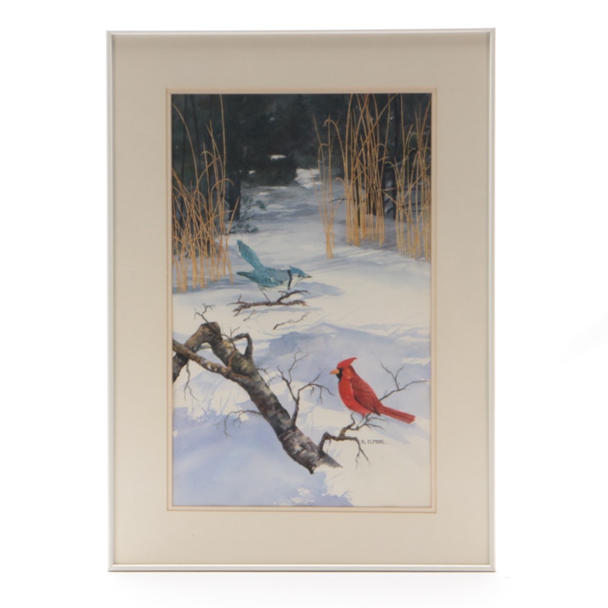 Robert Elfers Watercolor Painting of Birds in Snowy Landscape