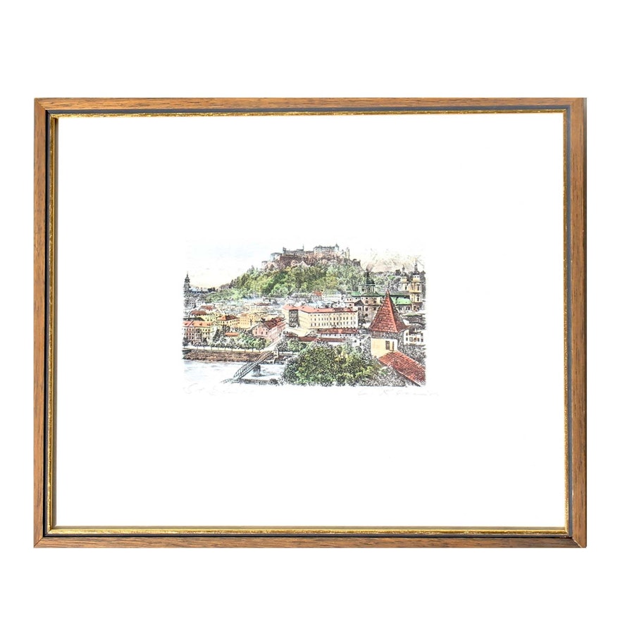 Hand-colored Etching of European City