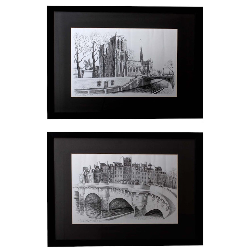 F. Dhoska Black and White Lithographs of Parisian Street Scenes