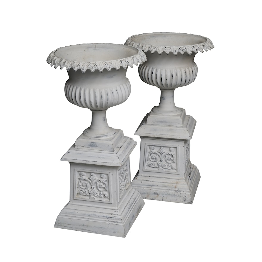 Painted Neoclassical Style Metal Urns and Stands