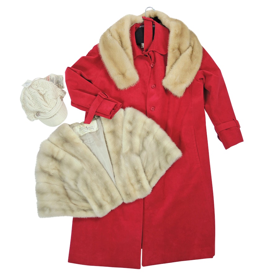 Adolph Schuman Ultrasuede Coat with Mink Fur Stole, Mink Fur Collar and Knit Cap