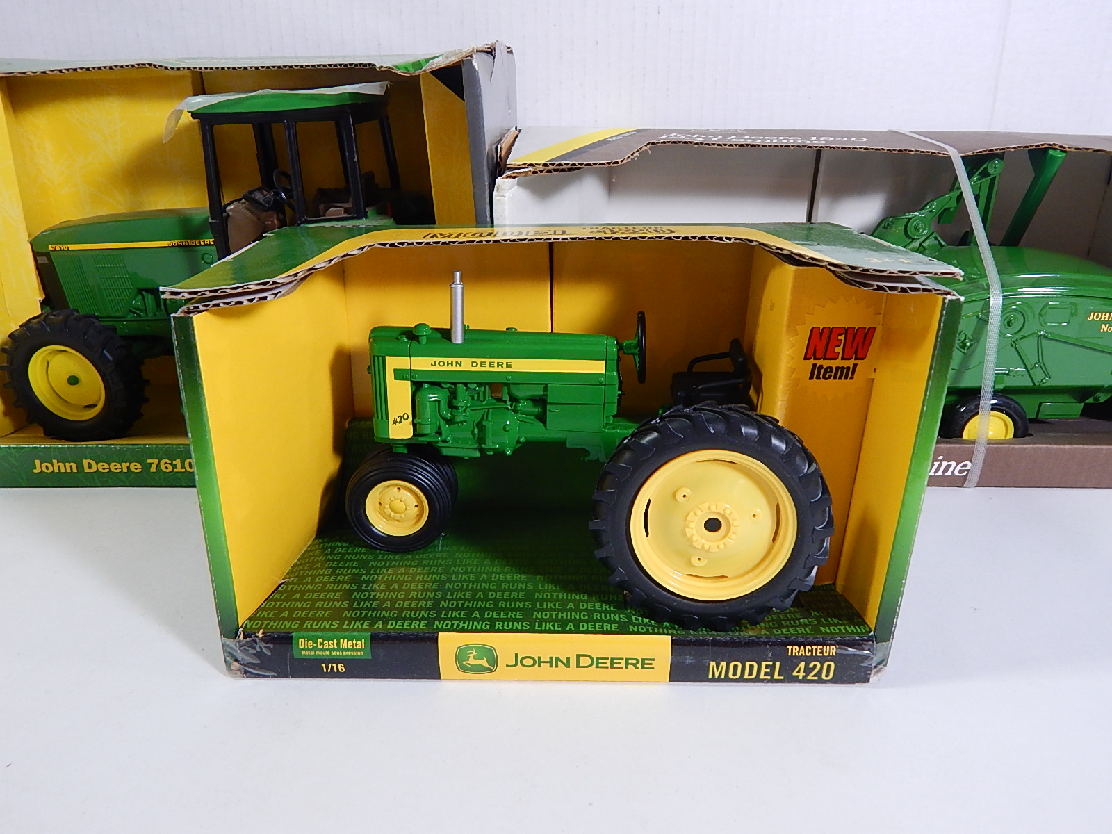 Three Ertl John Deer Tractors #7610, #420, 1940 12A Combine, New in Boxes