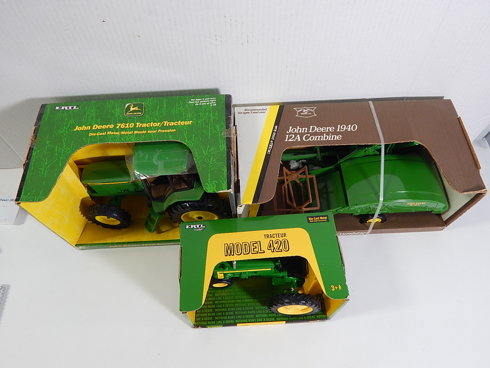 Three Ertl John Deer Tractors #7610, #420, 1940 12A Combine, New in Boxes