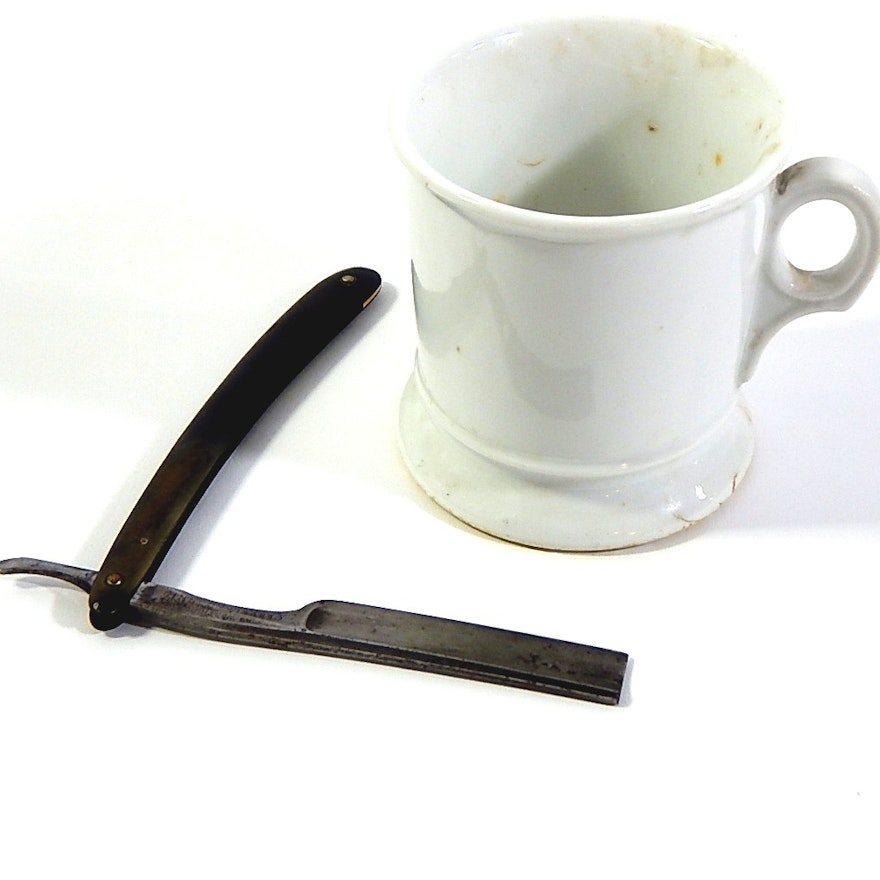 Vintage Germany White Porcelain Shaving Mug and Worthington Straight Razor