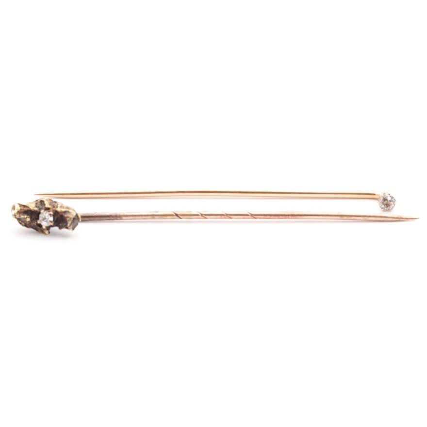 Antique 14K Yellow Gold Diamond Pins