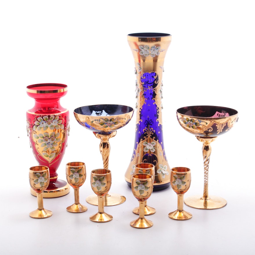 Bohemian Style Gilt and Enamel Glass Stemware and Vases