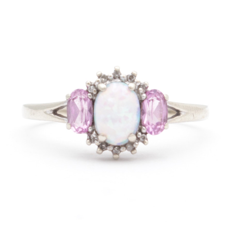 10K White Gold Opal, Pink Topaz and Diamond Ring
