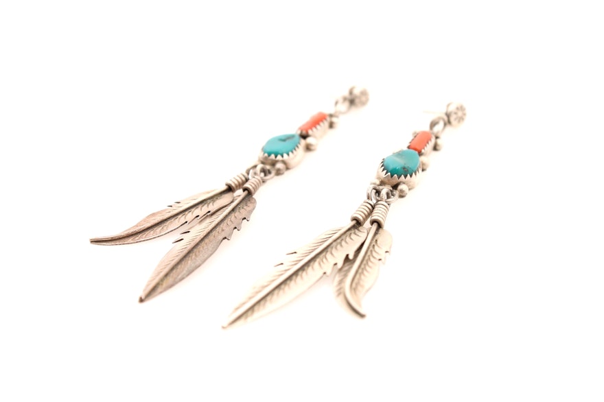 Southwestern Style Sterling Silver Coral and Dyed Turquoise Earrings