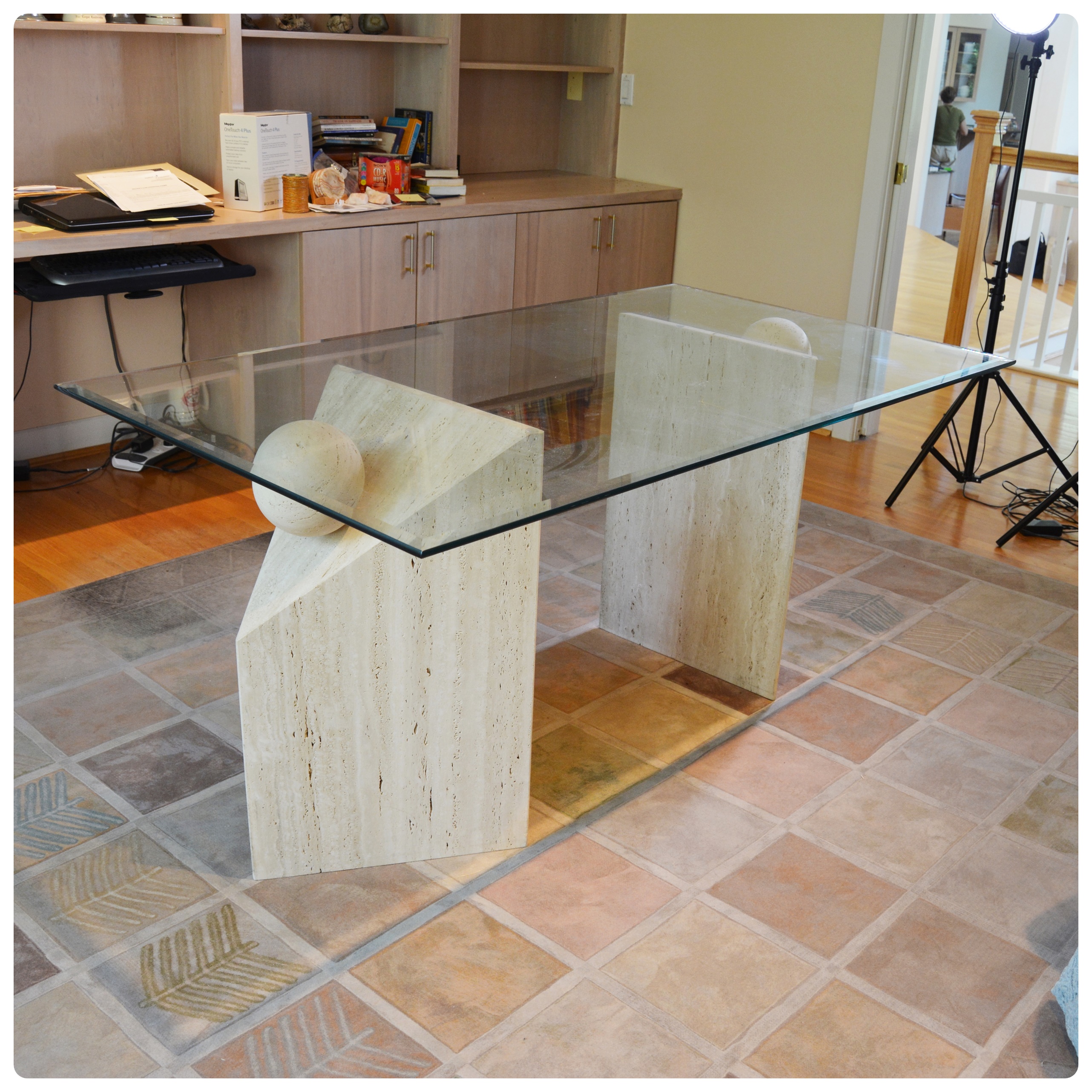Contemporary Beveled Glass and Travertine Executive Desk
