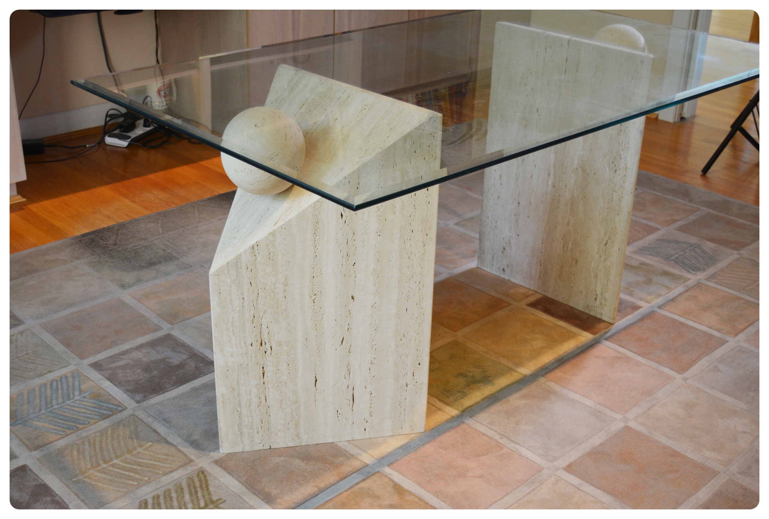 Contemporary Beveled Glass and Travertine Executive Desk