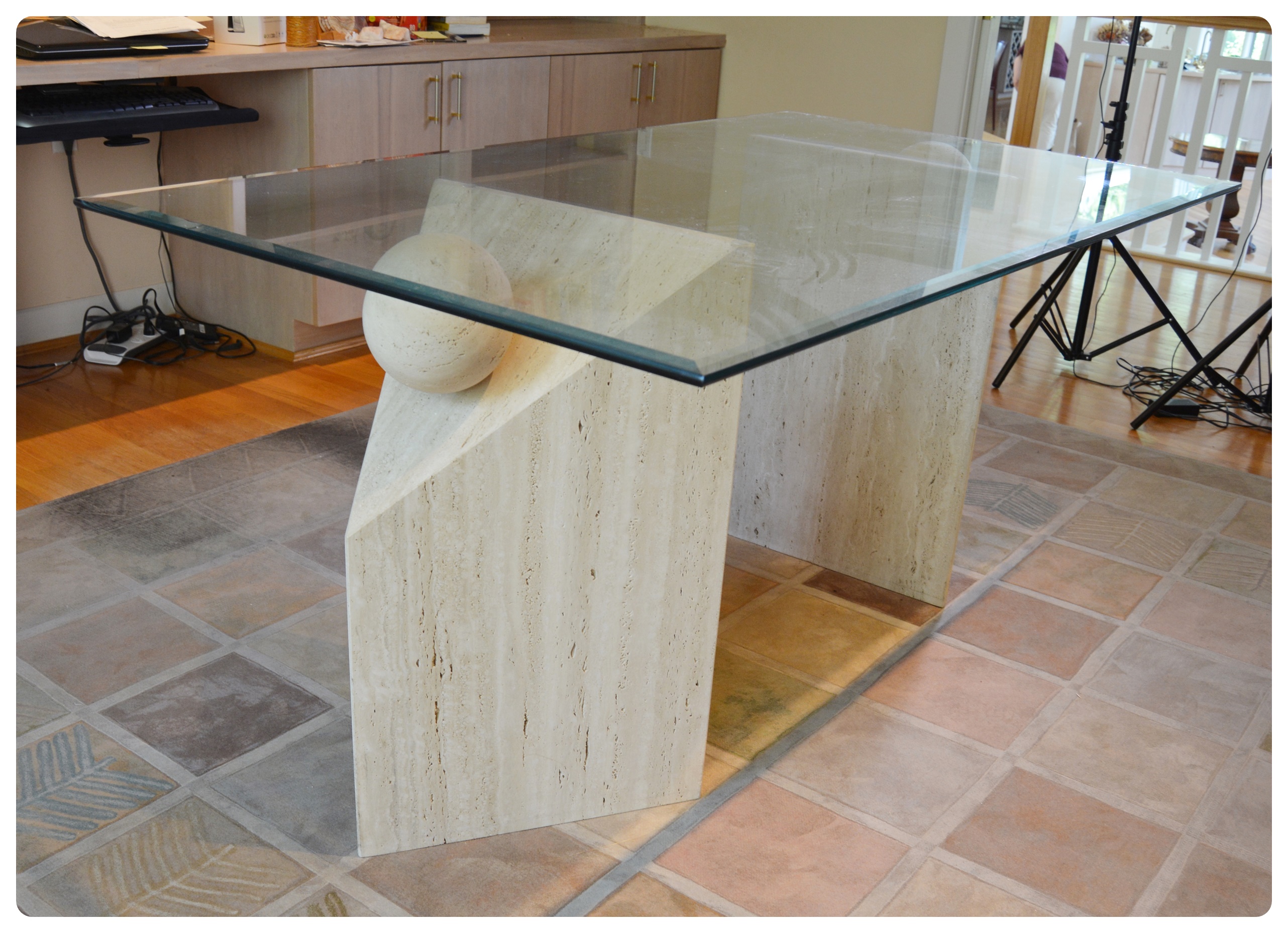 Contemporary Beveled Glass and Travertine Executive Desk
