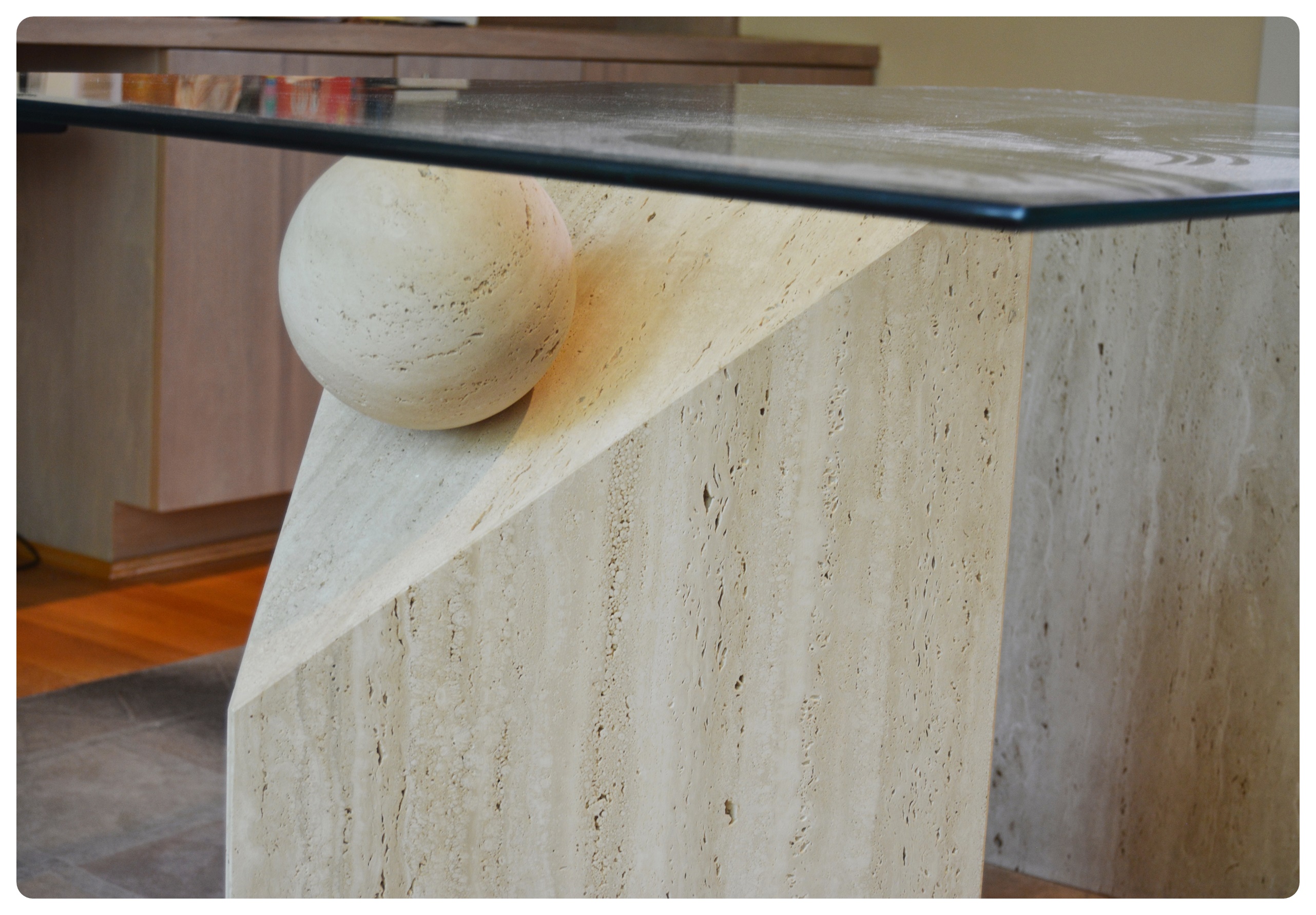 Contemporary Beveled Glass and Travertine Executive Desk