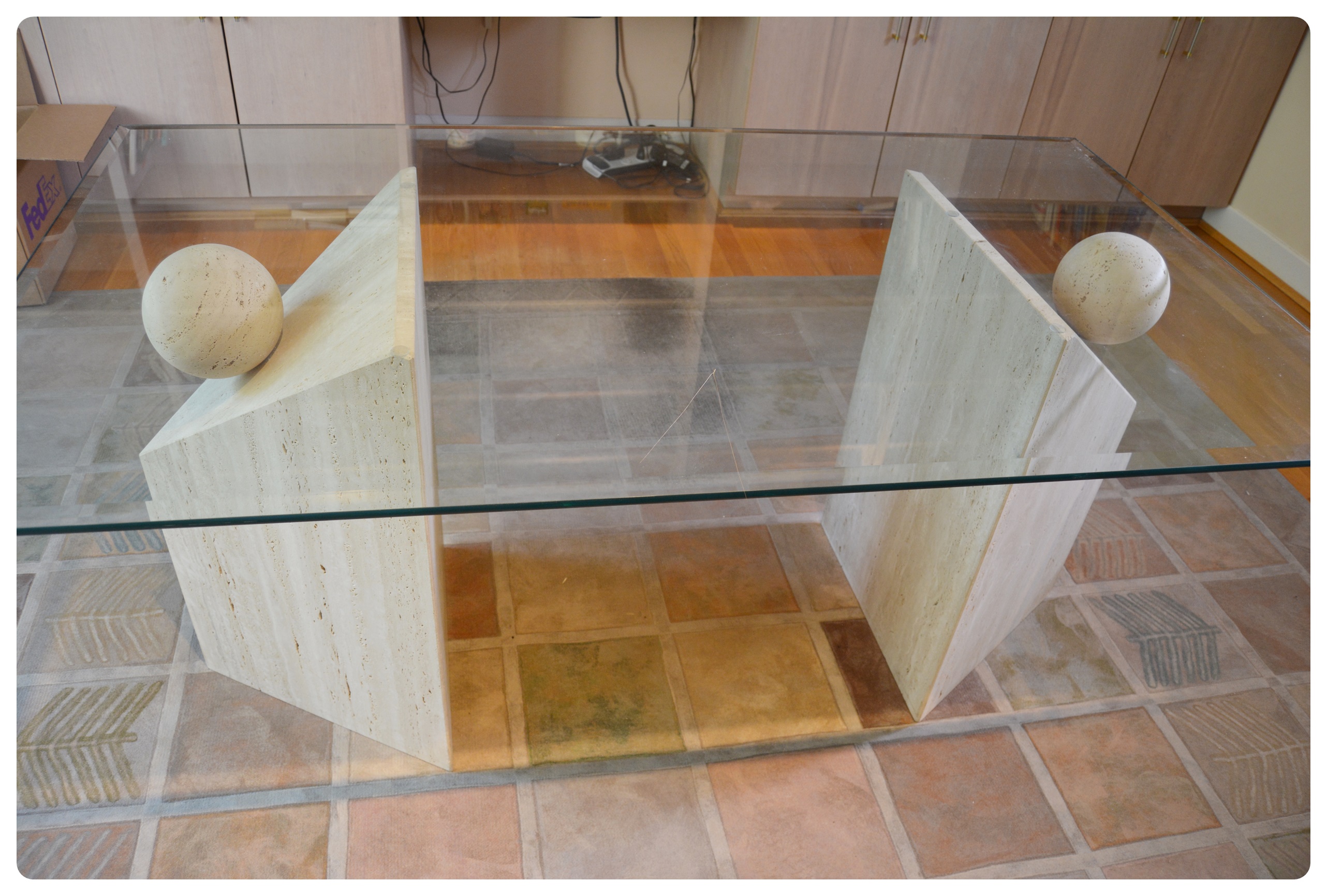 Contemporary Beveled Glass and Travertine Executive Desk